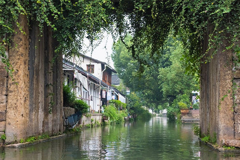 Stone bridge and traditional houses on the Grand Canal-Shaoxing-Zhejiang Province-China White Modern Wood Framed Art Print with Double Matting by Su, Keren
