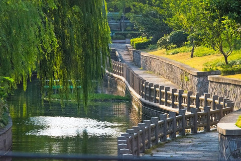 Gongchen Bridge with willow tree-eastern end of the Grand Canal-Hangzhou-Zhejiang Province-China Black Ornate Wood Framed Art Print with Double Matting by Su, Keren