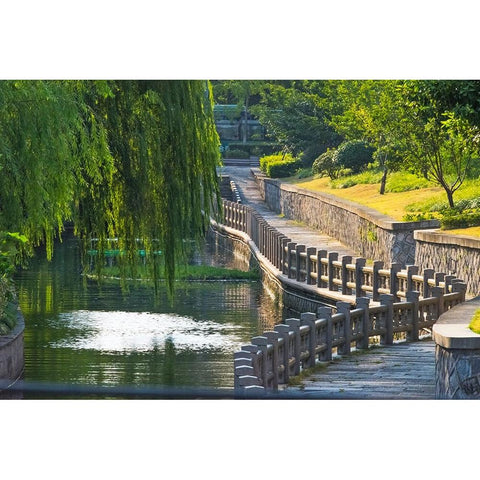 Gongchen Bridge with willow tree-eastern end of the Grand Canal-Hangzhou-Zhejiang Province-China Black Modern Wood Framed Art Print by Su, Keren