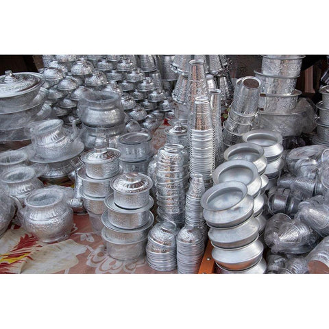 India-Delhi-Old Delhi Aluminum vendor-detail of goods for sale Black Modern Wood Framed Art Print with Double Matting by Hopkins, Cindy Miller