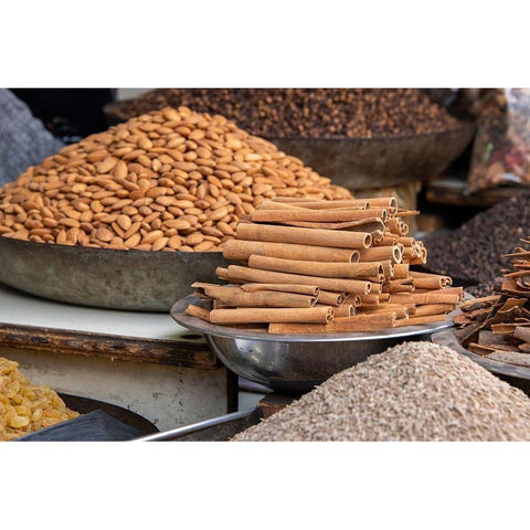 India-Delhi-Old Delhi Old Delhi street market Mixed nuts-spices and cinnamon sticks Black Modern Wood Framed Art Print by Hopkins, Cindy Miller