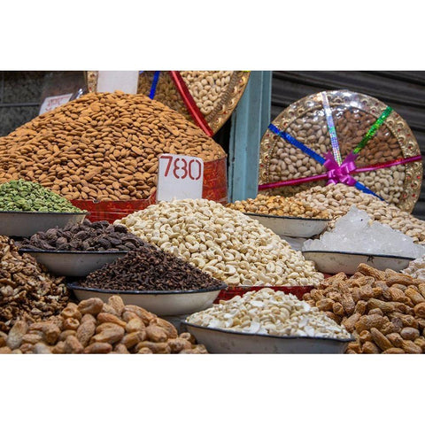 India-Delhi-Old Delhi Old Delhi street market Assorted nuts-spices and snacks Black Modern Wood Framed Art Print with Double Matting by Hopkins, Cindy Miller
