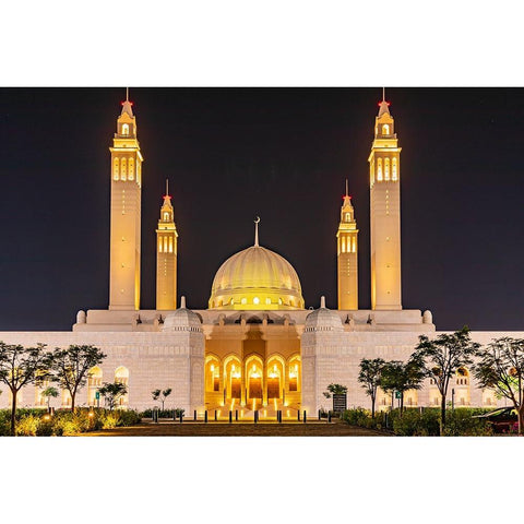 Middle East-Arabian Peninsula-Oman-Ad Dakhiliyah-Nizwa-Night view of the Sultan Qaboos Grand Mosque Black Modern Wood Framed Art Print by Wilson, Emily M.