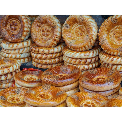 Traditional bread called Lepjoschka Jayma Bazaar-one of the greatest traditional markets Black Modern Wood Framed Art Print with Double Matting by Zwick, Martin