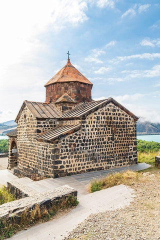 Armenia-Sevan The church of Surp Astvatsatsin at the Sevanavank Monastery complex on Lake Sevan White Modern Wood Framed Art Print with Double Matting by Wilson, Emily