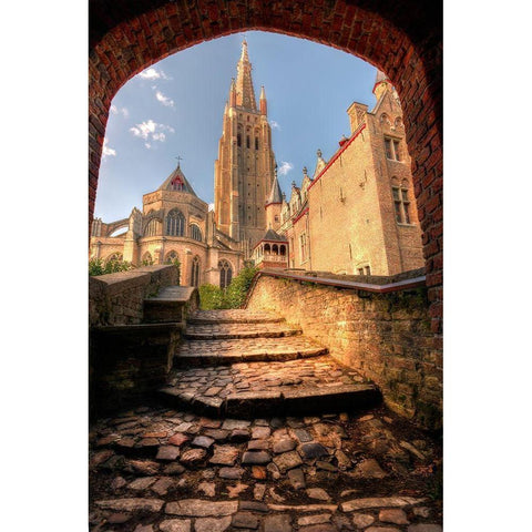 An arch leads to a church in Bruges-Belgium Black Modern Wood Framed Art Print with Double Matting by Steve Mohlenkamp