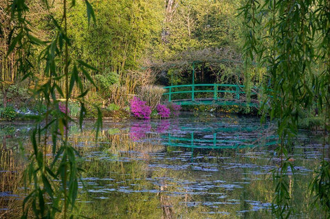 France-Giverny-Monets Garden Sunrise view of iconic bridge and lily pond White Modern Wood Framed Art Print with Double Matting by Jaynes Gallery