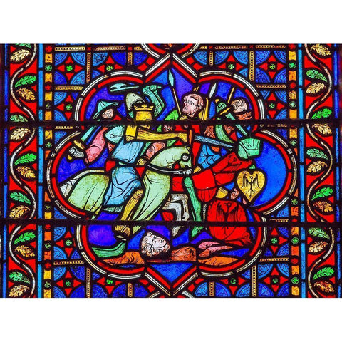 Knights Fighting Swords Horses Battle War stained glass-Notre Dame Cathedral-Paris-France Black Modern Wood Framed Art Print by Perry, William