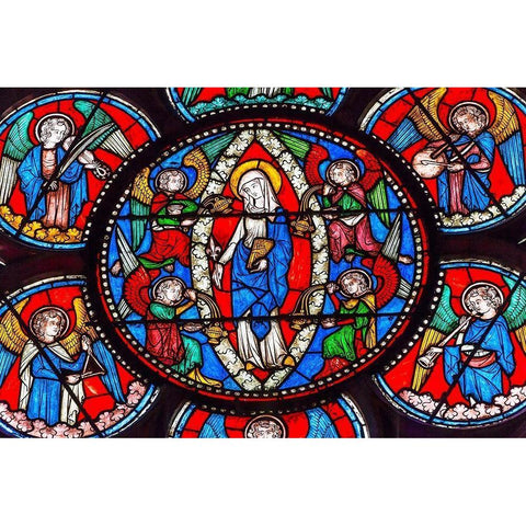 Virgin Mary-Angels stained glass-Notre Dame Cathedral-Paris-France Black Modern Wood Framed Art Print with Double Matting by Perry, William