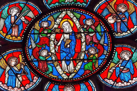 Virgin Mary-Angels stained glass-Notre Dame Cathedral-Paris-France White Modern Wood Framed Art Print with Double Matting by Perry, William