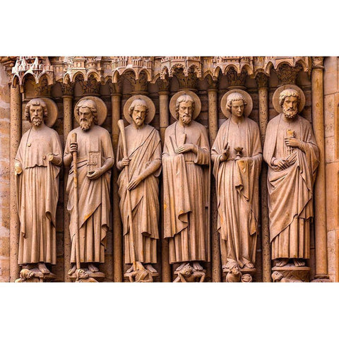 Biblical Saint statues and door-Notre Dame Cathedral-Paris-France Gold Ornate Wood Framed Art Print with Double Matting by Perry, William