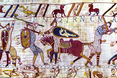 Colorful Medieval Bayeux tapestry- Bayeux- Normandy- France Black Modern Wood Framed Art Print by Perry, William