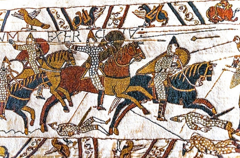 Colorful Medieval Bayeux tapestry- Bayeux- Normandy- France. White Modern Wood Framed Art Print with Double Matting by Perry, William