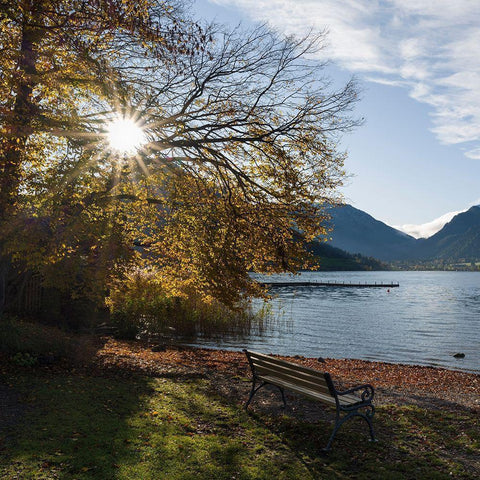 Sunrise at lake and village Schliersee in the Bavarian Alps during autumn-Bavaria-Germany Black Modern Wood Framed Art Print with Double Matting by Zwick, Martin