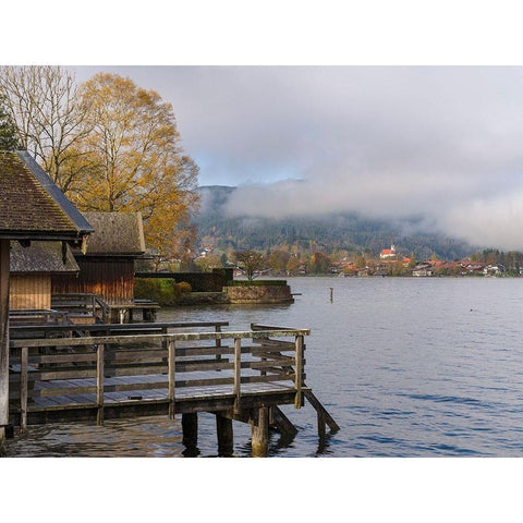 View towards Bad Wiessee Lake Tegernsee near village Rottach Egern in the Bavarian Alps Black Modern Wood Framed Art Print with Double Matting by Zwick, Martin