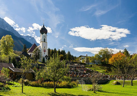 Church St-Johannes der Taufer-John the Baptist-Mount Zugspitze in the background-Village Grainau ne Black Ornate Wood Framed Art Print with Double Matting by Zwick, Martin