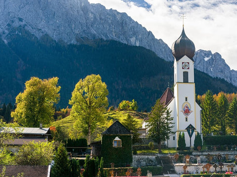 Church St-Johannes der Taufer-John the Baptist-Mount Zugspitze in the background-Village Grainau ne White Modern Wood Framed Art Print with Double Matting by Zwick, Martin