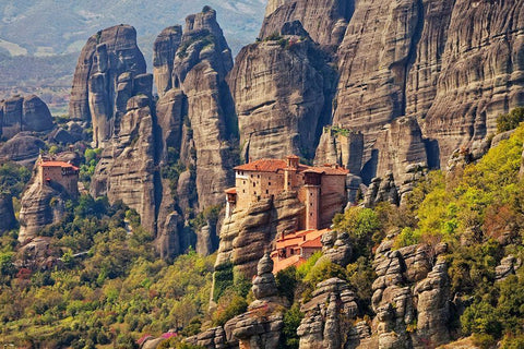 Greece-Meteora Greek Orthodox monasteries in the mountains White Modern Wood Framed Art Print with Double Matting by Jaynes Gallery