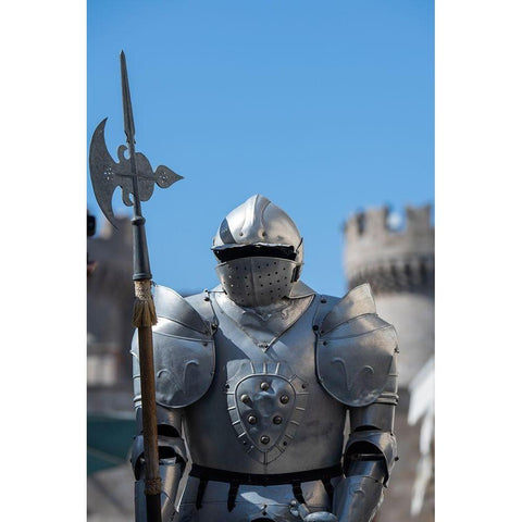 Greece-Rhodes Medieval Old Town (UNESCO) Suit of armor with Palace of the Grand Master Black Modern Wood Framed Art Print by Hopkins, Cindy Miller