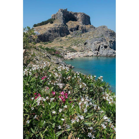 St Pauls Bay with the Acropolis of Lindos in the distance with the Temple of Athena Lindia Black Modern Wood Framed Art Print by Hopkins, Cindy Miller