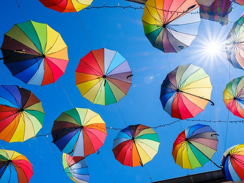 Alley of the Old Town with umbrellas. The town Szentendre near Budapest- Hungary Black Modern Wood Framed Art Print by Zwick, Martin