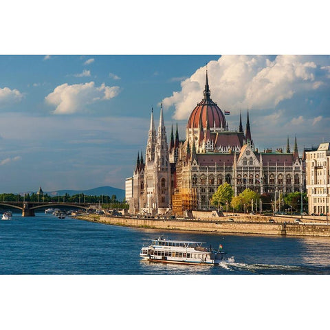 Tour boat passes Hungarys Parliament-built between 1884-1902 is the countrys largest building-It ha Black Modern Wood Framed Art Print with Double Matting by Haseltine, Tom