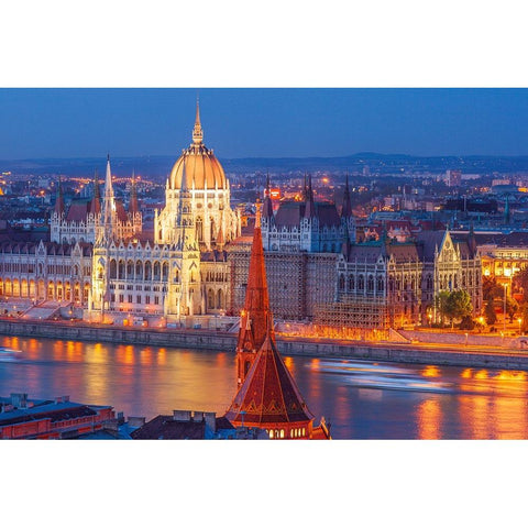 View of Parliament Buildings along Danube River at dusk-Budapest-Capital of Hungary-Europe White Modern Wood Framed Art Print by Haseltine, Tom