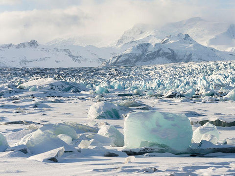 Northern shore of glacial lagoon Jokulsarlon with glacier Breidamerkurjokull White Modern Wood Framed Art Print with Double Matting by Zwick, Martin