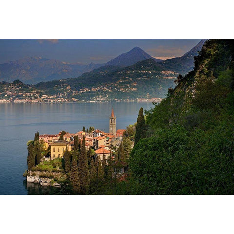 Italy-Lombardi-Lake Como Overview of town and lake White Modern Wood Framed Art Print by Jaynes Gallery