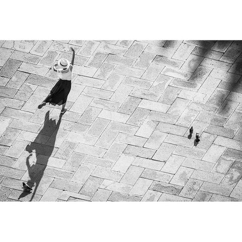 Europe-Italy-Venice-Black and white of tourist poising for photo on San Marco Square White Modern Wood Framed Art Print by Jaynes Gallery