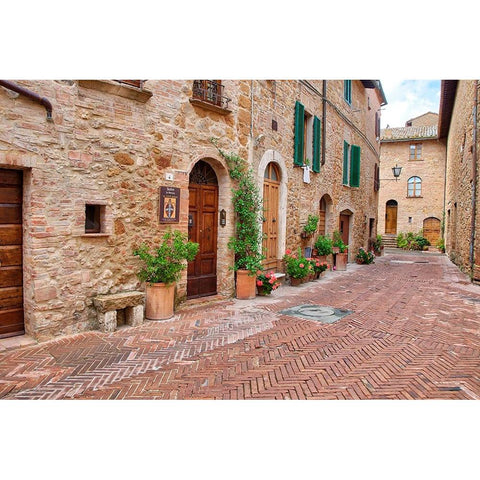 Italy-Tuscany-Pienza Flower pots and potted plants decorate a narrow street in a Tuscany village White Modern Wood Framed Art Print by Eggers, Julie