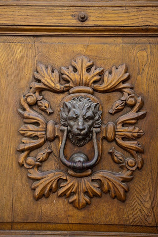 Italy-Tuscany Ornate door knocker in the historic hill town of Montalcino Black Ornate Wood Framed Art Print with Double Matting by Eggers, Julie