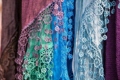 Italy-Venice Colorful Venetian scarfs White Modern Wood Framed Art Print with Double Matting by Eggers, Julie