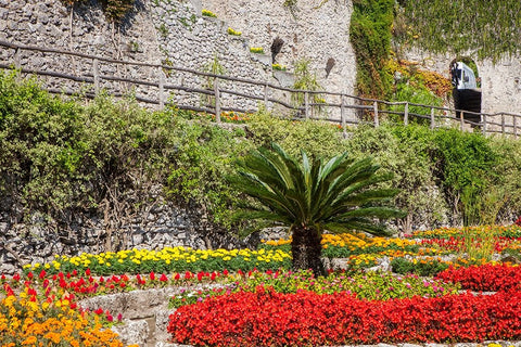 Italy-Campania-Ravello Flower garden of Villa Rufolo over looking the Amalfi Coast White Modern Wood Framed Art Print with Double Matting by Eggers, Julie