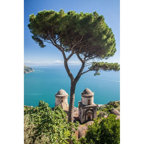 Italy-Campania-Ravello View of the Amalfi Coast and the towers of Villa Rufolo White Modern Wood Framed Art Print by Eggers, Julie