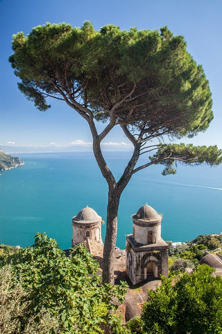 Italy-Campania-Ravello View of the Amalfi Coast and the towers of Villa Rufolo White Modern Wood Framed Art Print with Double Matting by Eggers, Julie