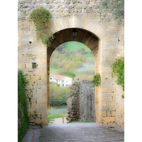 Italy-Chianti-Monteriggioni Looking out an arched entrance into the walled town Black Modern Wood Framed Art Print by Eggers, Julie