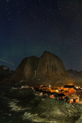 Norway- Lofoten Islands. Aurora Borealis In the sky above Hamnoy in Reine White Modern Wood Framed Art Print with Double Matting by Looney, Hollice