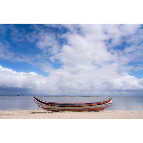 Europe-Portugal-Torreira-Traditional fishing boat on beach Black Modern Wood Framed Art Print by Jaynes Gallery