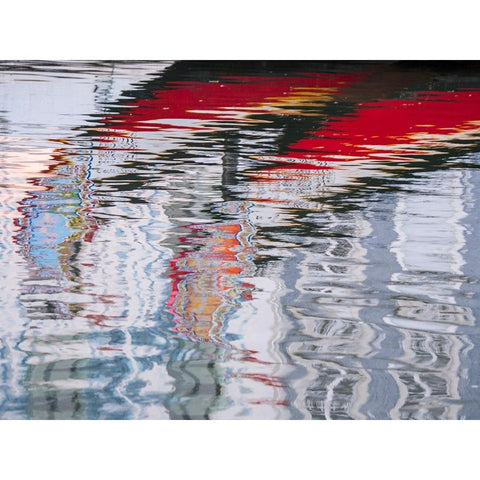 Portugal-Aveiro-Reflections of traditional and colorful salt boats-called Moliceiro-in the canals o White Modern Wood Framed Art Print by Eggers, Julie