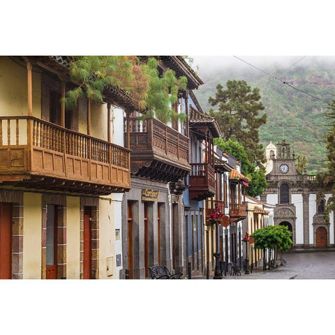 Spain-Canary Islands-Gran Canaria Island-Teror-main street and traditional houses White Modern Wood Framed Art Print by Bibikow, Walter