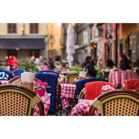 Sweden-Stockholm-Gamla Stan-Old Town-cafe tables White Modern Wood Framed Art Print by Bibikow, Walter