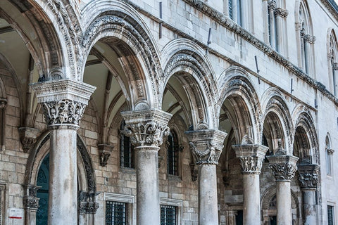Dubrovnik-Croatia-Ornate columns at Sponza Palace Black Ornate Wood Framed Art Print with Double Matting by Haseltine, Tom