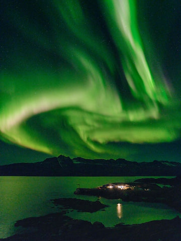 Northern Lights over settlement Kuummiit. Ammassalik area in East Greenland- Danish Territory Black Modern Wood Framed Art Print by Zwick, Martin
