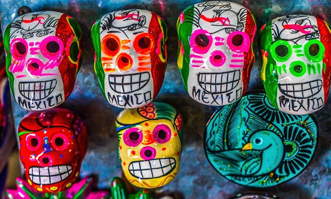 Colorful Mexican magnets-Day of the Dead handicrafts-Los Cabos-Cabo San Lucas-Mexico White Modern Wood Framed Art Print with Double Matting by Perry, William