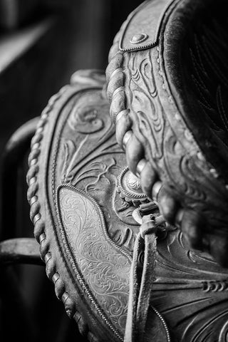 USA-Colorado-Custer County-Westcliffe-Music Meadows Ranch Tack room Tooled leather western saddle Black Ornate Wood Framed Art Print with Double Matting by Hopkins, Cindy Miller
