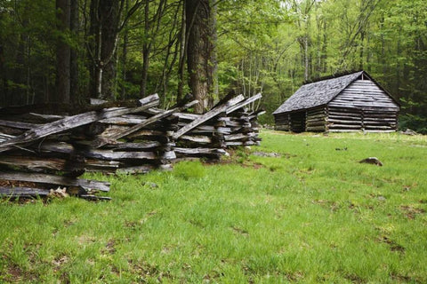 TN, Great Smoky Mts Fence and abandoned stable White Modern Wood Framed Art Print with Double Matting by Flaherty, Dennis