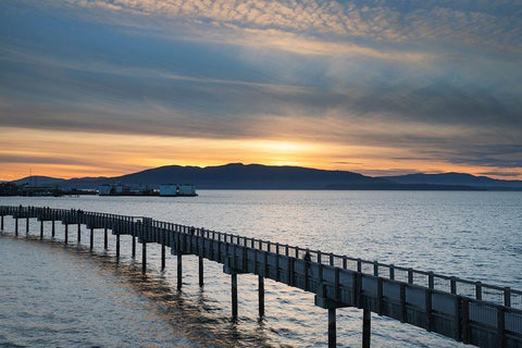Taylor Dock Boardwalk at sunset-Boulevard Park-Bellingham-Washington State White Modern Wood Framed Art Print with Double Matting by Majchrowicz, Alan