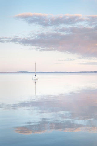 Sailboat and morning clouds reflected in calm waters of Bellingham Bay-Washington State White Modern Wood Framed Art Print with Double Matting by Majchrowicz, Alan