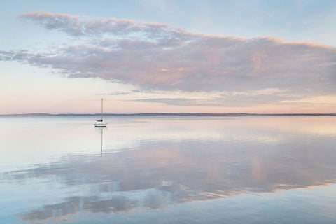 Sailboat and morning clouds reflected in calm waters of Bellingham Bay-Washington State White Modern Wood Framed Art Print with Double Matting by Majchrowicz, Alan